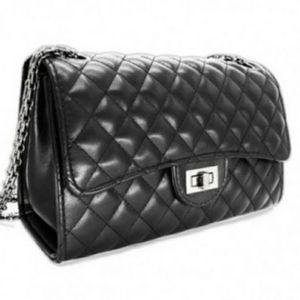 Black faux leather quilted purse metal strap